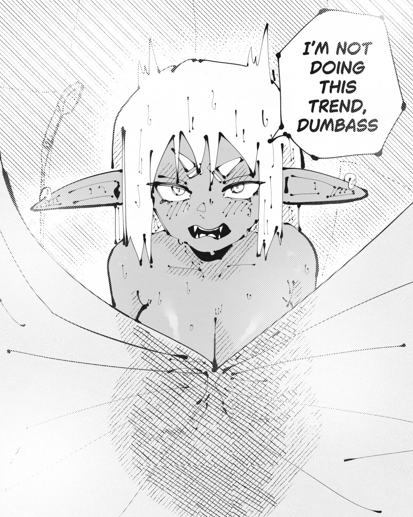 1girl angry breasts cleavage commentary cowboy_shot curtain_grab curtains english_commentary english_text female_goblin goblin greyscale hatching_(texture) highres large_breasts linear_hatching long_pointy_ears looking_at_viewer medium_hair miregeist monochrome nude open_mouth original pointy_ears sanpaku see-through_silhouette shower_(place) shower_head showering speech_bubble straight-on talking v-shaped_eyebrows