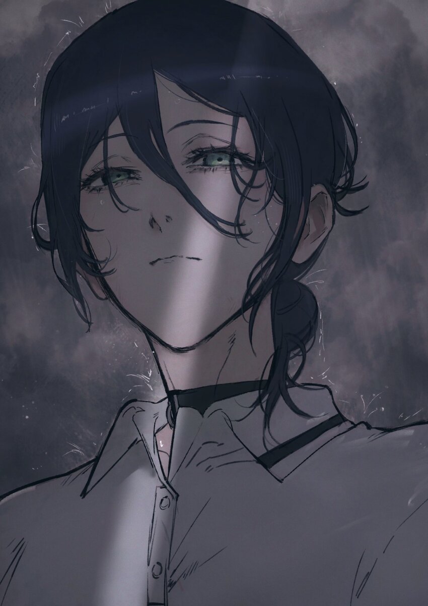 black_choker black_hair chainsaw_man choker cloud cloudy_sky collared_shirt commentary english_commentary expressionless from_below green_eyes hair_between_eyes hair_bun highres light_rays looking_at_viewer medium_hair moku_(muooku) partially_shaded_face rain reze_(chainsaw_man) shirt single_hair_bun sky sunbeam sunlight water_drop wet wet_hair white_shirt