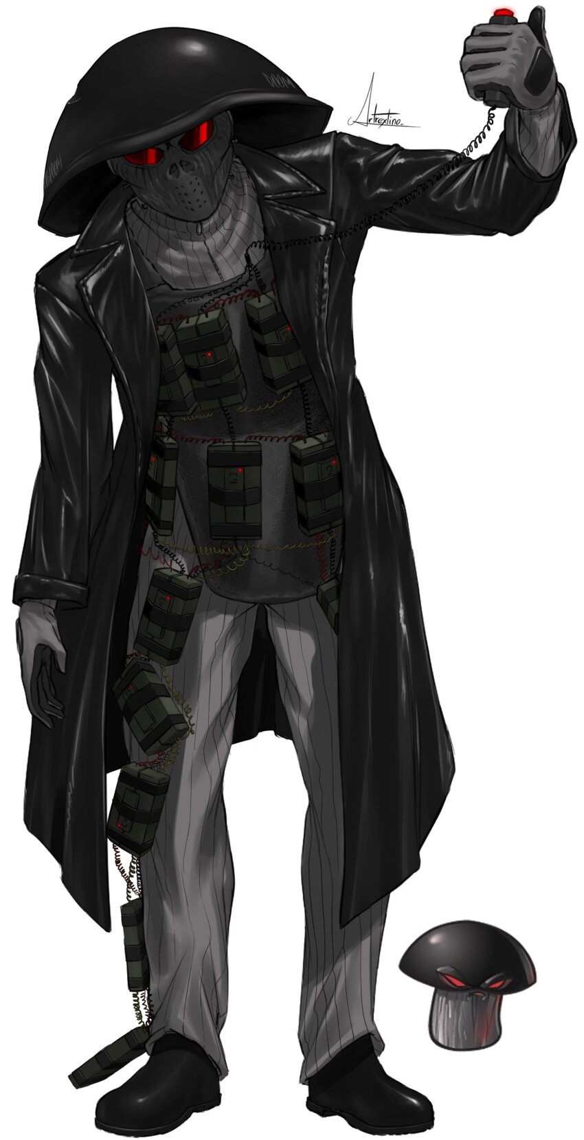 1boy absurdres apron arm_at_side arm_up artist_name artrextino black_apron black_coat black_hat black_mask black_shoes coat commentary_request doom-shroom_(plants_vs._zombies) dynamite explosive facing_viewer full_body gloves grey_gloves grey_jacket grey_pants hat highres holding jacket lapels leaning_forward legs_apart long_sleeves male_focus notched_lapels official_art_inset open_clothes open_coat pants personification pinstripe_pants pinstripe_pattern plants_vs._zombies pull_cord red-tinted_eyewear reference_inset ribbed_jacket shoes simple_background solo spanish_commentary standing tinted_eyewear white_background zipper