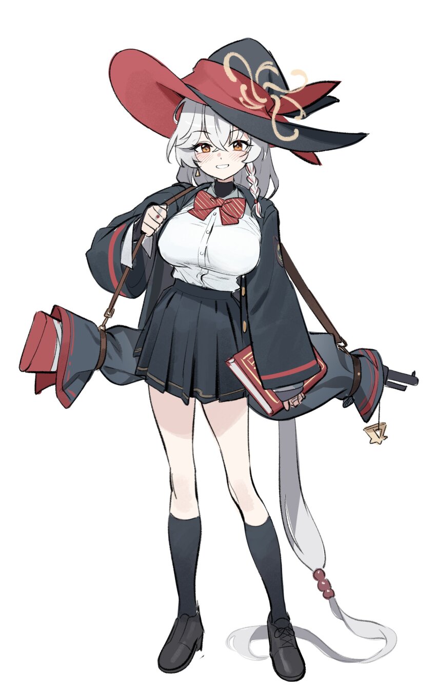 1girl absurdres black_shoes black_skirt black_socks blue_archive blush braid breasts eri_(blue_archive) gun hat highres large_breasts long_hair looking_at_viewer orange_eyes pleated_skirt ramuri rifle shirt shoes single_braid skirt smile socks very_long_hair weapon white_shirt witch_hat