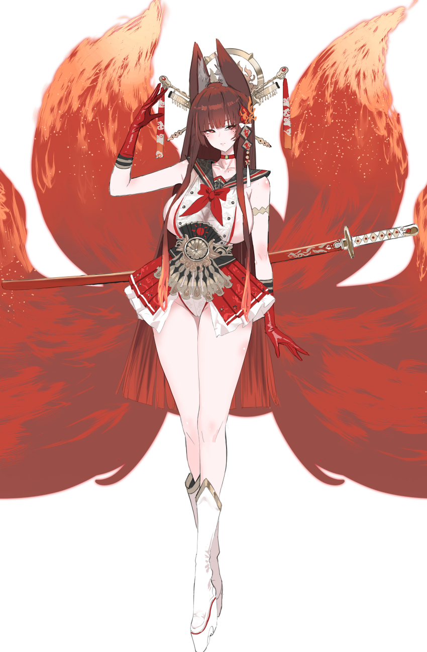 1girl absurdres animal_ears arm_up azur_lane bow breasts brown_hair choker commentary concept_art dishwasher1910 fox_ears fox_tail full_body gloves gradient_hair highres katana large_breasts leotard long_hair multicolored_hair multiple_tails necktie original red_bow red_choker red_gloves red_hair red_serafuku school_uniform serafuku sheath sideboob solo sword tail weapon