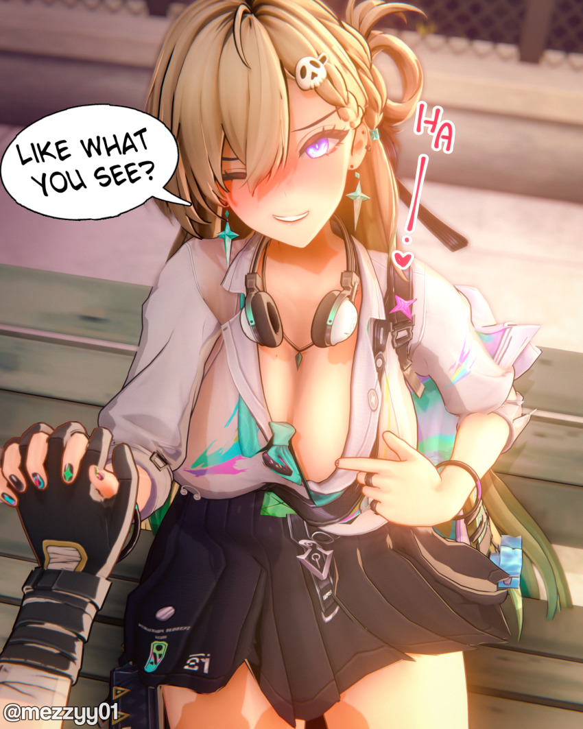 1boy 1girl 3d blonde_hair blush breasts cleavage clothes_pull grin highres holding_hands interlocked_fingers koikatsu koikatsu_(medium) looking_at_viewer lynae_(wuthering_waves) mezzyy pov pulling_own_clothes rover_(wuthering_waves) smile teasing wuthering_waves