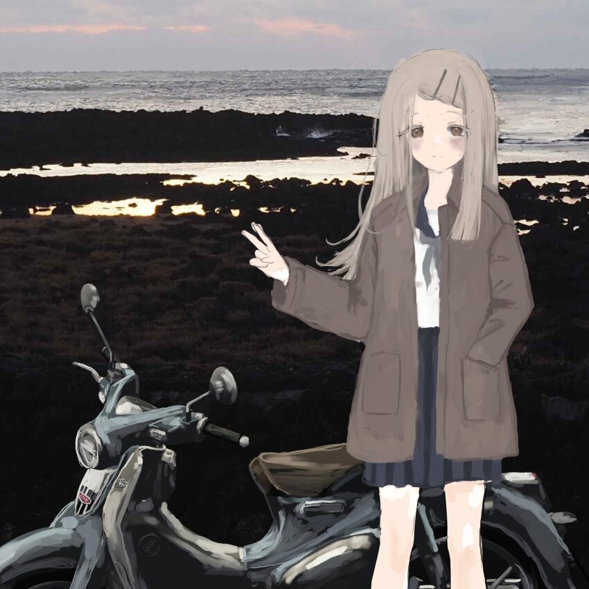 1girl bad_tag blonde_hair blue_sailor_collar blue_skirt blush brown_coat brush_stroke coat colored_eyelashes commentary_request flipped_hair gakuen_idolmaster grey_neckerchief hair_ornament hairclip hand_in_pocket hatsuboshi_gakuen_school_uniform highres honda_super_cub idolmaster long_hair motor_vehicle motorcycle neckerchief ocean official_art orange_eyes outdoors parallel_hairclips photo_background pleated_skirt sailor_collar school_uniform serafuku shinosawa_hiro shirt skirt smile solo split_mouth timesoe v white_shirt