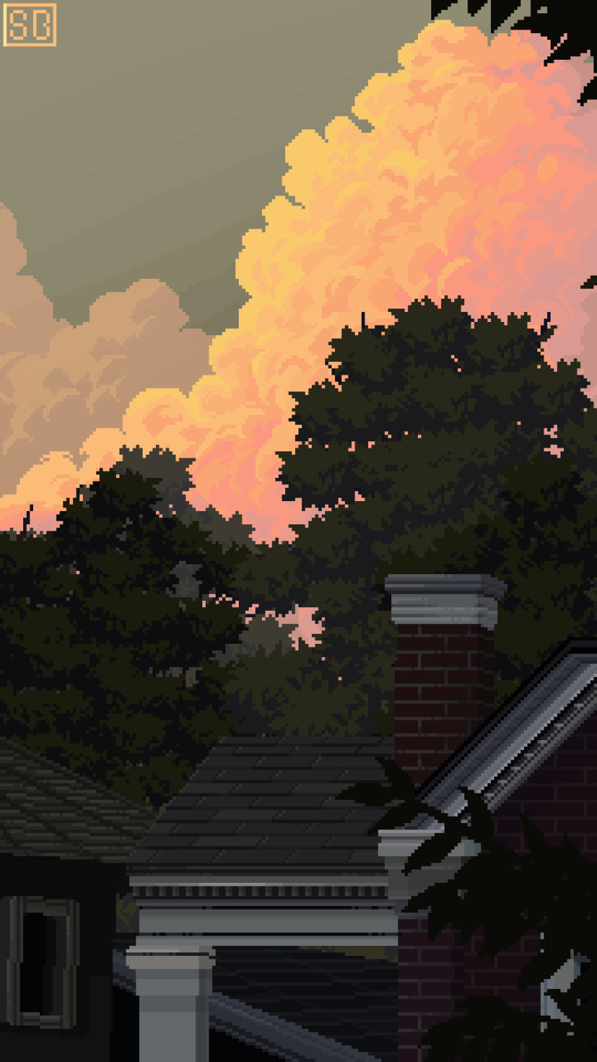 animated animated_gif artist_logo building chimney cloud commentary cumulonimbus_cloud english_commentary evening falling_leaves highres house leaf logo looping_animation no_humans original pixel_art scenery scrunchybean sky tree wind