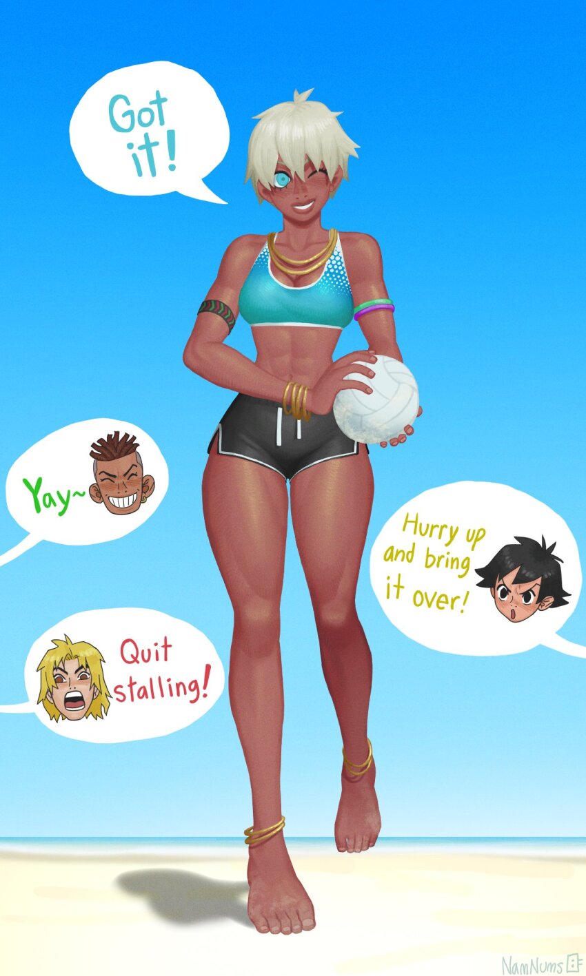 2girls ^_^ abs anklet armband armlet artist_logo artist_name ball barefoot beach bikini bikini_shorts black_hair black_shorts blue_bikini blue_eyes blue_sports_bra bracelet breasts brown_hair cleavage closed_eyes commentary dark-skinned_female dark-skinned_male dark_skin dolphin_shorts elena_(street_fighter) english_commentary english_text full_body gold_anklet gold_bracelet gold_necklace grey_hair grin head_only highres jewelry ken_masters logo looking_at_viewer makoto_(street_fighter) medium_breasts multiple_anklets multiple_bracelets multiple_girls multiple_necklaces namnums necklace ocean one_eye_closed open_mouth sean_matsuda short_hair short_shorts shorts smile solo speech_bubble sports_bikini sports_bra standing street_fighter street_fighter_iii_(series) swimsuit toned toned_female undercut volleyball volleyball_(object)