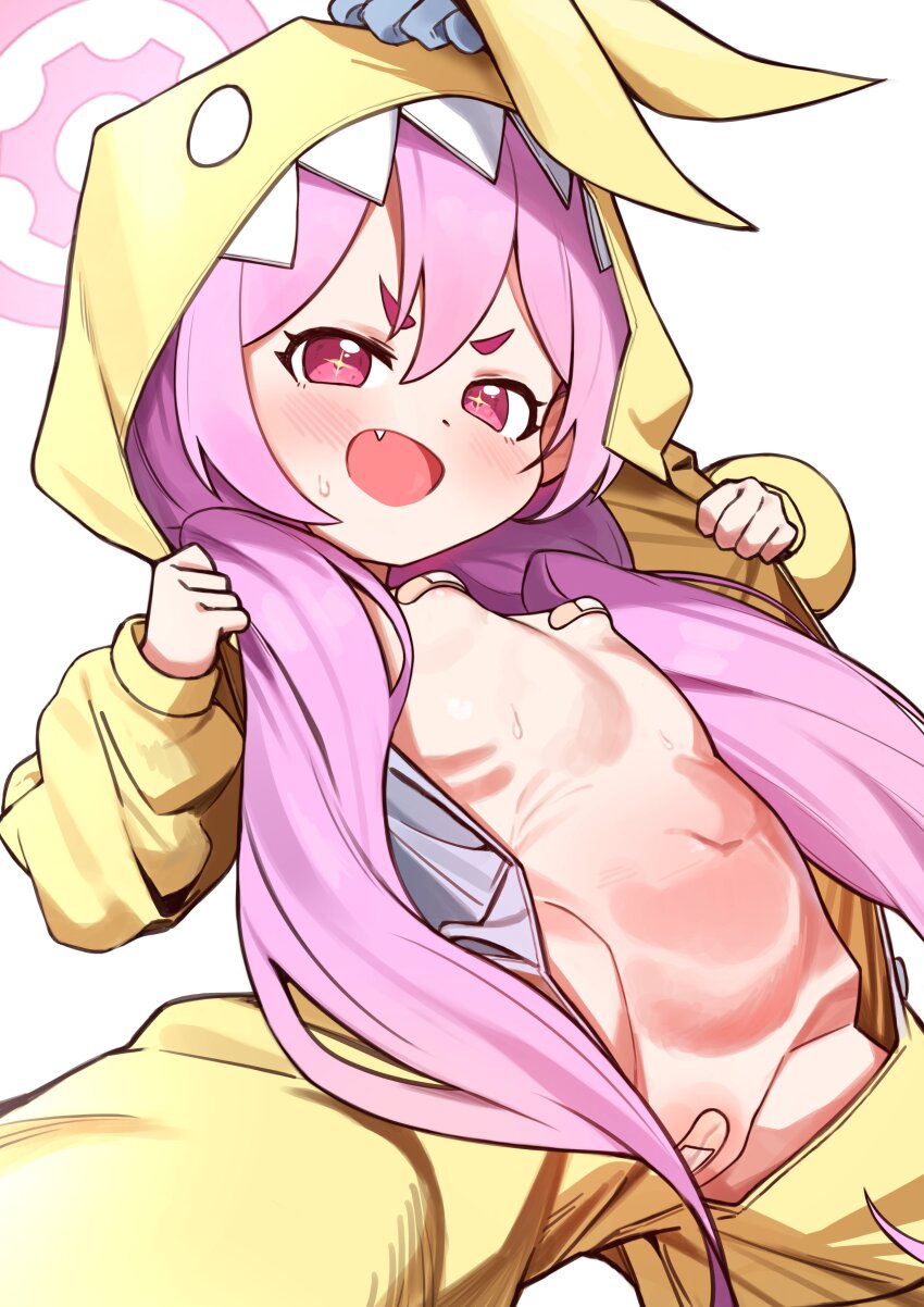 1girl bandages bandaid bandaid_on_pussy bandaids_on_nipples blue_archive blush breasts fang halo highres hood hoodie koyuki_(blue_archive) koyuki_(pajamas)_(blue_archive) led_winter loli long_hair looking_at_viewer navel open_mouth pasties pink_eyes pink_hair pink_halo small_breasts smile star-shaped_pupils star_(symbol) sweat symbol-shaped_pupils twintails yellow_hoodie