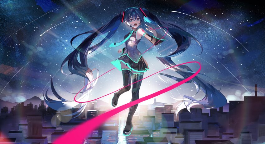 1girl absurdly_long_hair absurdres aqua_eyes aqua_hair aqua_necktie aqua_trim arm_tattoo bare_shoulders black_boots black_skirt black_sleeves blush boots breasts collared_shirt commentary_request detached_sleeves floating full_body grey_shirt hair_between_eyes hair_ornament hatsune_miku headset highres long_hair long_sleeves medium_breasts miniskirt necktie nemari_(user_wtca7244) night open_mouth outdoors pleated_skirt shirt skirt sky sleeveless sleeveless_shirt small_breasts smile solo star_(sky) starry_sky string string_of_fate tattoo teeth thick_thighs thigh_boots thighhighs thighs tie_clip twintails very_long_hair vocaloid zettai_ryouiki