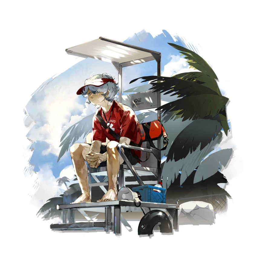 1boy a_gui animal_ears arknights bag barefoot bear_boy bear_ears bishounen black_shorts blue_sky closed_mouth cloud cooler day full_body grey_hair hair_over_one_eye hat highres jaye_(arknights) jaye_(beach_guard)_(arknights) male_focus official_alternate_costume official_art outdoors own_hands_together palm_leaf palm_tree red_hat red_shirt rock shirt short_hair short_sleeves shorts sitting sky solo transparent_background tree visor_cap whistle whistle_around_neck