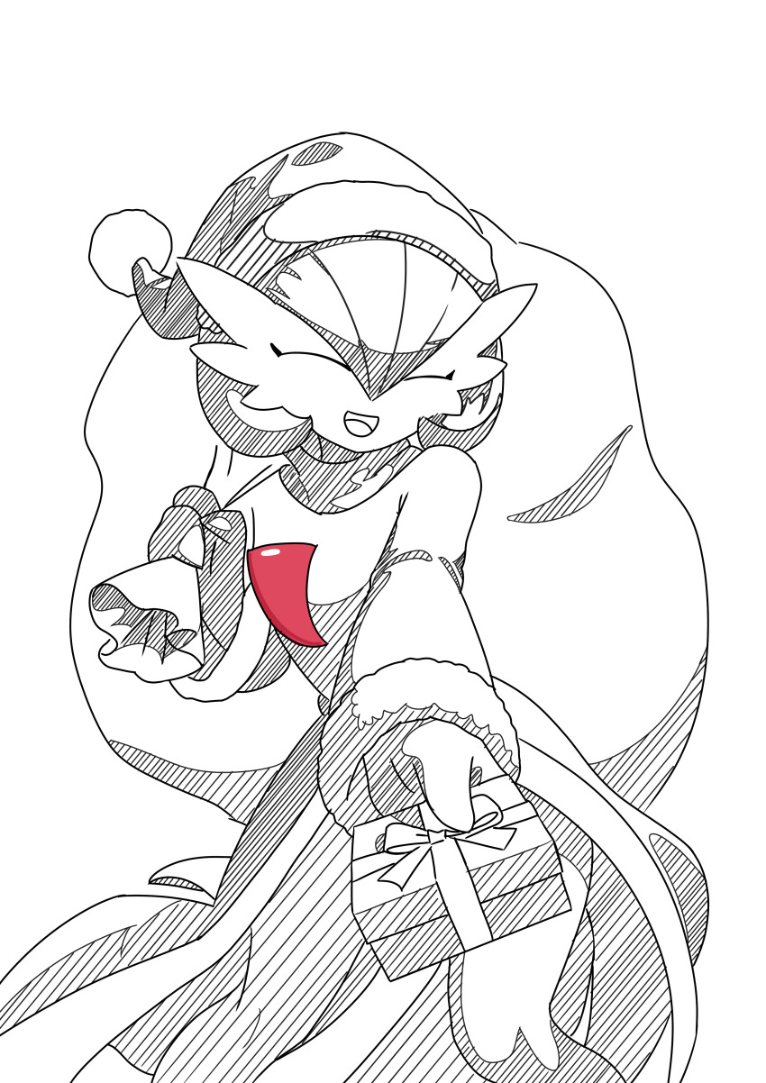 1girl ^_^ absurdres arm_up bob_cut box christmas closed_eyes clothed_pokemon facing_viewer female_focus fur-trimmed_hat fur-trimmed_sleeves fur_trim gardevoir gen_3_pokemon gift gift_box greyscale hair_between_eyes hand_up happy hat highres holding holding_gift holding_sack incoming_gift long_sleeves monochrome nintendo open_mouth outstretched_arm over_shoulder pokemon pokemon_(creature) pom_pom_(clothes) ronaldor sack santa_costume santa_hat shirt short_hair simple_background smile solo spot_color turtleneck turtleneck_shirt white_background