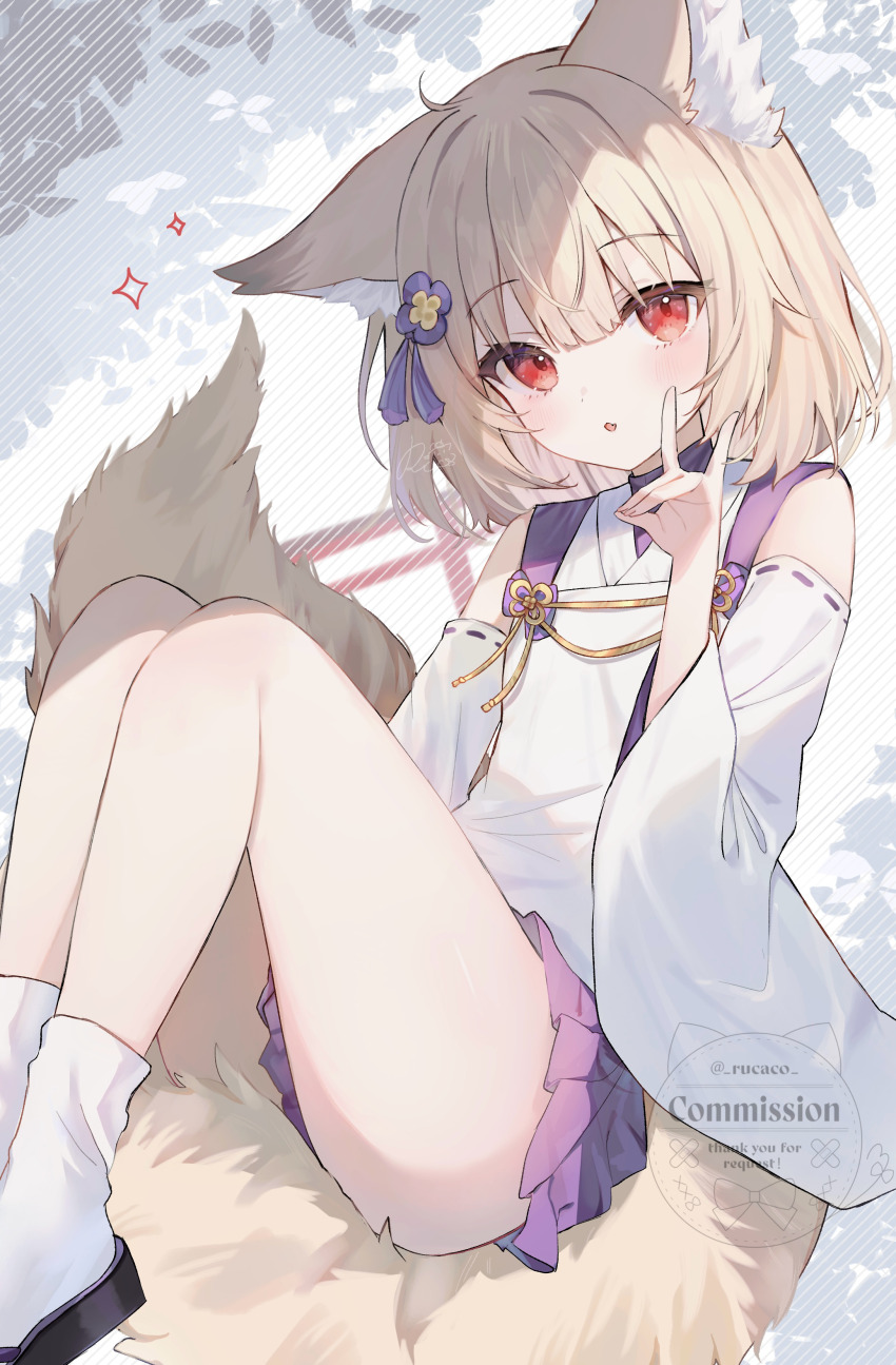 1girl absurdres animal_ear_fluff animal_ears bare_shoulders black_sandals brown_hair commentary_request flower fox_ears fox_girl fox_shadow_puppet fox_tail hair_between_eyes hair_flower hair_ornament hand_up highres japanese_clothes kimono knees_up long_sleeves looking_at_viewer original parted_lips pleated_skirt purple_flower purple_skirt red_eyes ribbon-trimmed_sleeves ribbon_trim rucaco sandals skirt socks solo sparkle tail torii watermark white_kimono white_socks wide_sleeves