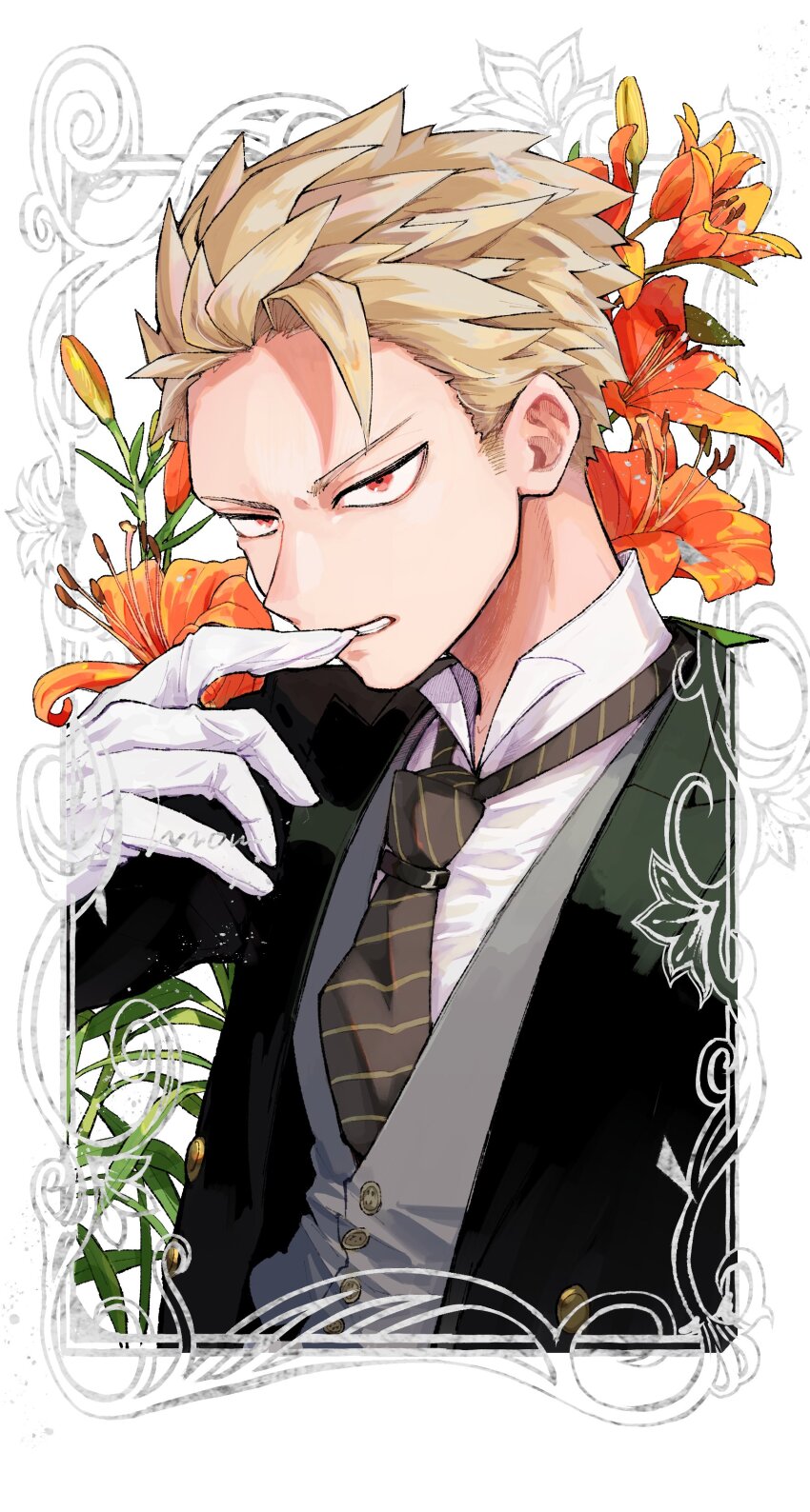 1boy absurdres alternate_costume alternate_hairstyle bakugou_katsuki blonde_hair boku_no_hero_academia collared_shirt commentary english_commentary flower flower_request gloves highres jacket looking_at_viewer male_focus necktie orange_flower red_eyes shirt short_hair solo spiked_hair striped_clothes striped_necktie suit_jacket unou_(unou_mha) white_gloves white_shirt