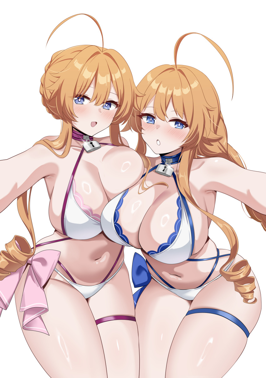 2girls absurdres ahoge azur_lane bikini blue_bikini blue_eyes blush breasts cleavage commentary_request date_a_live drill_hair hci+ highres huge_breasts lock long_hair multicolored_bikini multiple_girls navel official_alternate_costume orange_hair parted_lips pink_bikini siblings simple_background skindentation stomach swimsuit thigh_strap twins two-tone_bikini white_background white_bikini yamai_kaguya yamai_kaguya_(blue_ocean_rendezvous) yamai_yuzuru yamai_yuzuru_(blue_ocean_rendezvous)