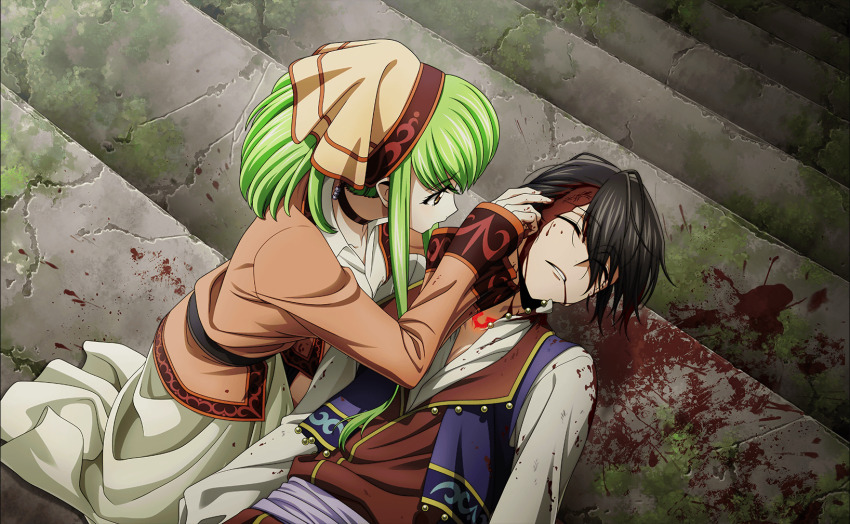 1boy 1girl artist_request black_hair brown_jacket c.c. choker code_geass code_geass:_fukkatsu_no_lelouch code_geass:_lost_stories game_cg green_hair highres jacket lelouch_vi_britannia long_hair non-web_source official_art open_clothes red_choker shirt white_shirt yellow_eyes