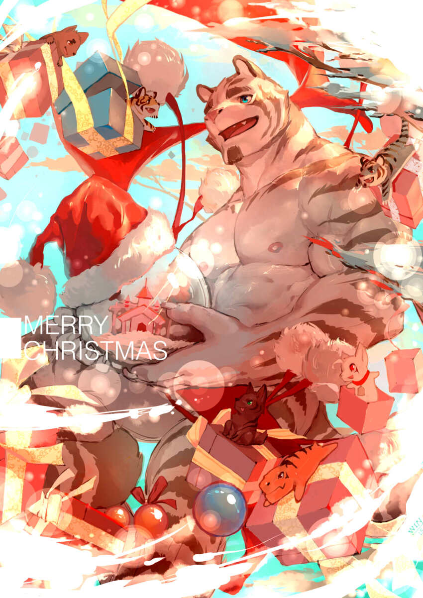 1boy abs animal_ears ball bara bird box bulge christmas facial_hair feet_out_of_frame furry furry_male gift gift_box goatee hat highres holding large_hands large_pectorals looking_at_viewer male_focus male_underwear merry_christmas muscular muscular_male nipples original pectorals santa_costume santa_hat short_hair smile snowman solo stomach tail thick_eyebrows thick_thighs thighs tiger tiger_boy tiger_ears tiger_stripes tiger_tail topless_male underwear white_fur wincalblanke