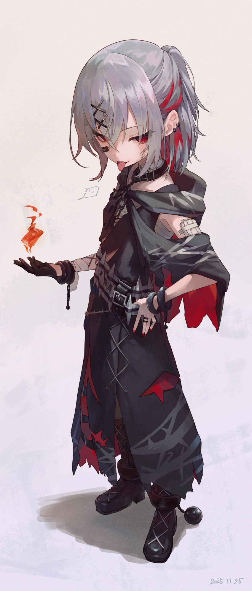 1girl absurdres ball_and_chain_restraint bandaid bandaid_on_face belt black_dress chishibuki_hiyoko colored_inner_hair commentary_request dress fire full_body gauze grey_background grey_hair hair_ornament hand_on_own_hip highres hood hood_down jewelry looking_at_viewer magical_girl mahou_shoujo_no_majo_saiban multicolored_hair nail_polish pyrokinesis red_eyes red_nails ring shito_alisa short_hair smile solo standing streaked_hair tongue tongue_out torn_clothes torn_dress x_hair_ornament