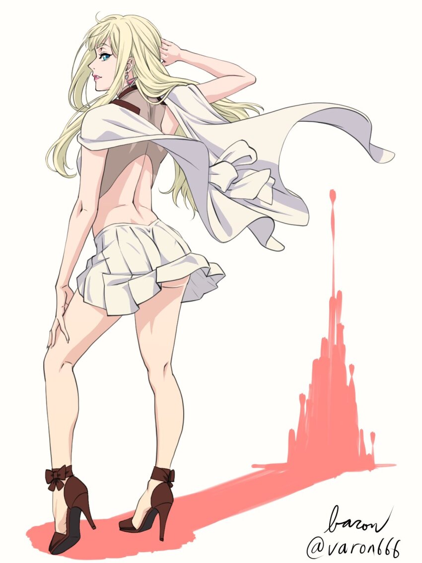 1girl anime_coloring artist_name ass_peek baron_(varon666) blue_eyes brown_shoes cape commentary_request different_shadow earrings floating_cape floating_hair gigi_andalusia gundam gundam_hathaway's_flash hand_in_own_hair hand_on_own_thigh high_heels highres jewelry long_hair parted_lips pleated_skirt profile shoes signature skirt triangle_earrings very_long_hair white_cape white_skirt