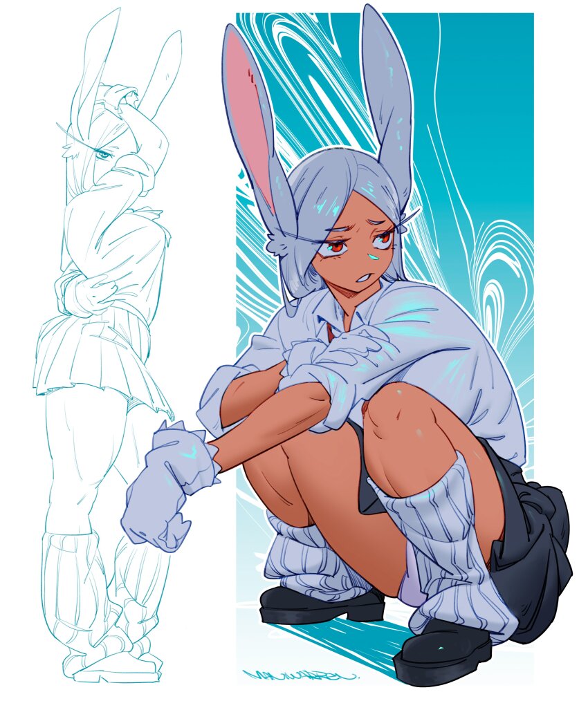 1girl absurdres animal_ears arm_behind_back arm_up artist_name boku_no_hero_academia breasts collared_shirt commentary dark-skinned_female dark_skin english_commentary gloves grey_skirt hand_on_own_arm highres large_breasts long_eyelashes long_hair looking_to_the_side loose_socks maniwarren mirko multiple_views panties parted_bangs parted_lips rabbit_ears rabbit_girl red_eyes school_uniform shirt sketch skirt sleeves_rolled_up socks squatting thick_thighs thighs underwear very_long_hair white_gloves white_hair white_panties white_shirt white_socks
