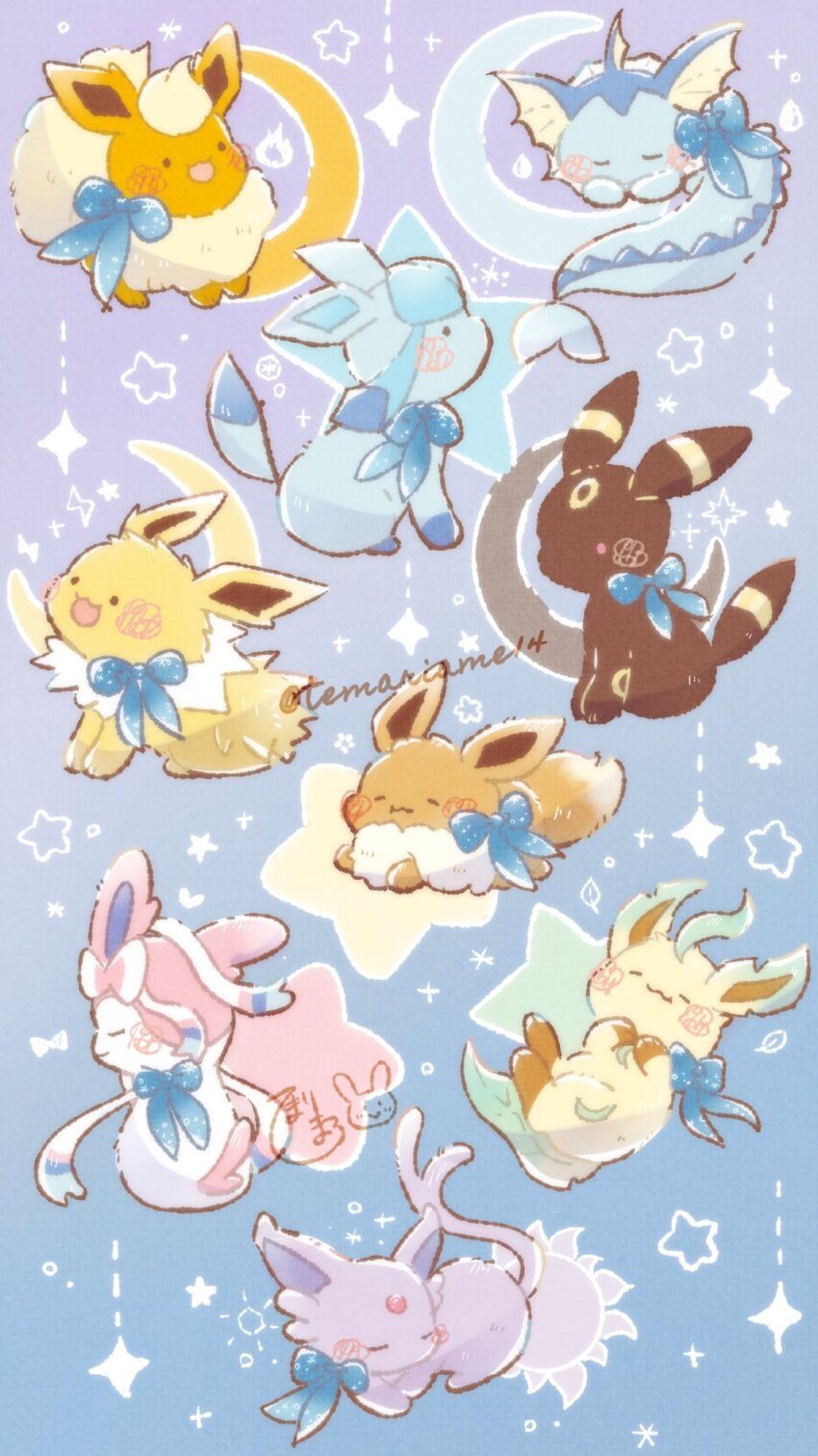animal_focus blue_background blue_bow blush bow closed_eyes commentary crescent eevee english_commentary espeon flareon gen_1_pokemon gen_2_pokemon gen_4_pokemon gen_6_pokemon glaceon highres leafeon lying nintendo no_humans open_mouth pokemon pokemon_(creature) pokemon_focus sitting sleeping standing star_(symbol) sun sylveon temariame14 twitter_username umbreon vaporeon