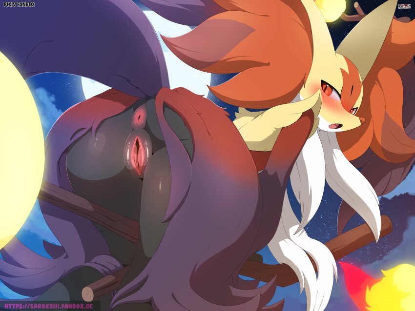 1girl absurdres animal_ears anus artist_name ass blush delphox fanbox_username female_focus fox_ears fox_girl furry furry_female gen_6_pokemon highres looking_at_viewer looking_back mega_delphox mega_pokemon nintendo open_mouth orange_eyes pokemon pokemon_(creature) pussy sarox solo tagme uncensored
