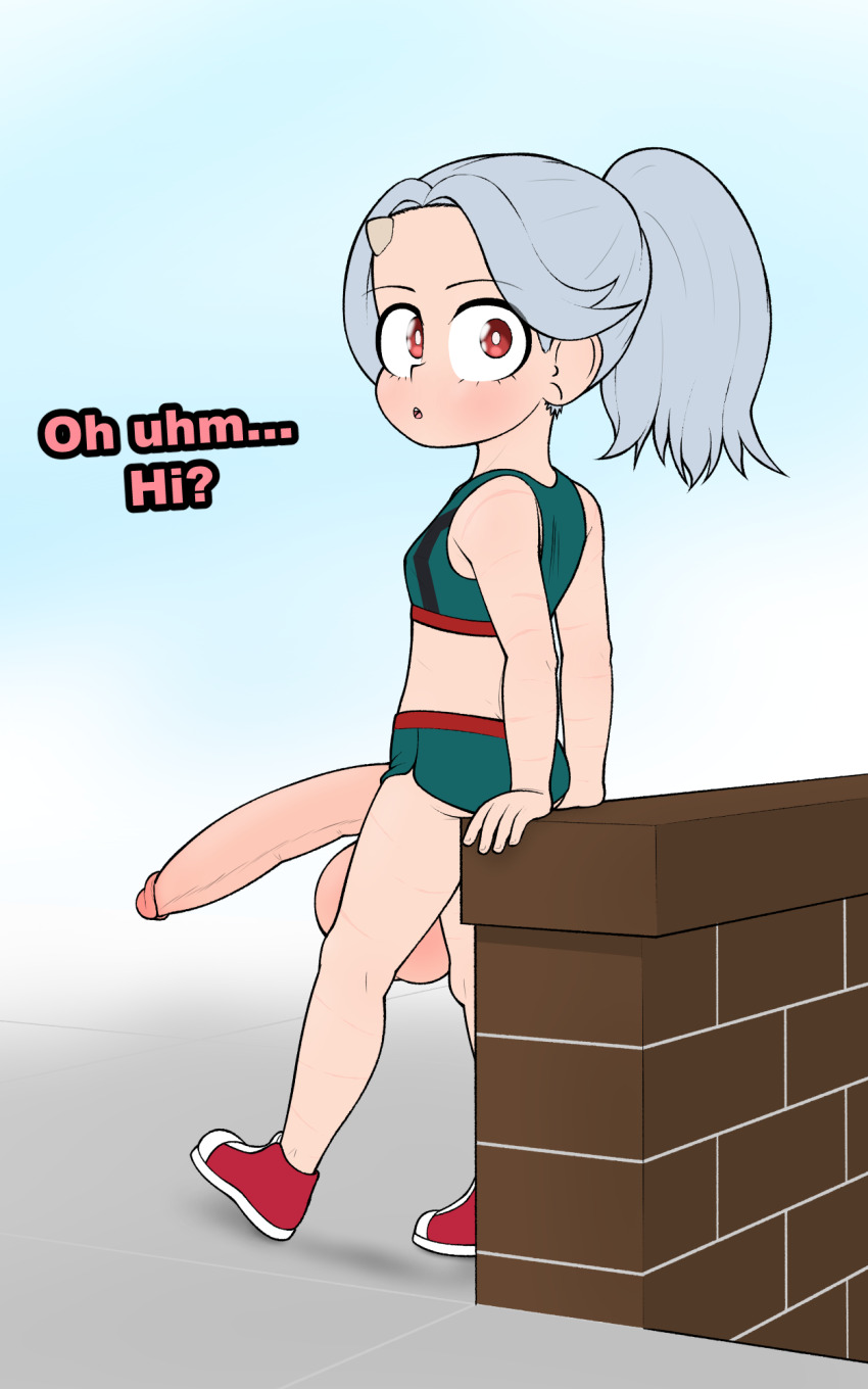 1futa boku_no_hero_academia brick_wall crop_top english_text erection eri_(boku_no_hero_academia) futanari grey_hair highres horns huge_penis huge_testicles loli looking_back penis ponytail red_eyes shorts summerlumi testicles