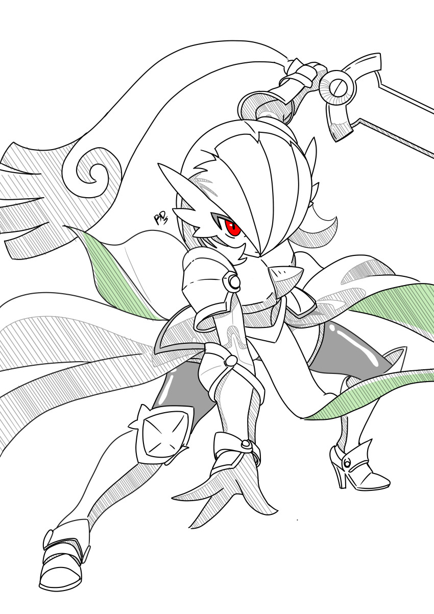 1girl absurdres arm_up armor armored_boots artist_name bob_cut boots breastplate closed_mouth clothed_pokemon expressionless female_focus fewer_digits fighting_stance full_body gardevoir gen_3_pokemon gen_6_pokemon greyscale hair_over_one_eye high_heels highres holding holding_sword holding_weapon honedge knee_boots knight leaning_forward legs_apart looking_at_viewer monochrome nintendo one_eye_covered outstretched_arms pauldrons pokemon pokemon_(creature) red_eyes ronaldor serious shiny_clothes short_hair shoulder_armor signature solo_focus spot_color spread_fingers spread_legs standing sword thighhighs vambraces weapon