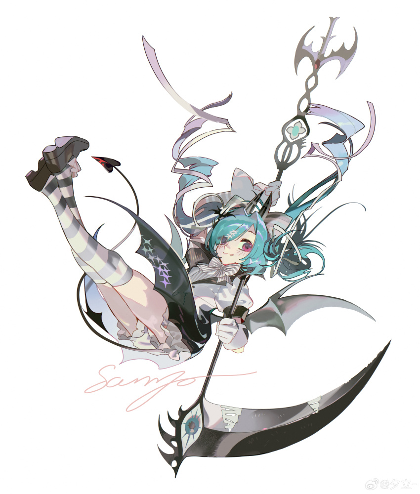 1girl absurdres acuteghost bat_hair_ornament black_horns black_skirt black_tail black_wings bloomers blue_hair bow bowtie brown_shoes closed_mouth commentary demon_girl demon_horns demon_tail demon_wings fang fang_out floating_hair full_body gloves grey_bow grey_bowtie grey_thighhighs hair_bow hair_intakes hair_ornament highres holding holding_scythe holding_weapon horns long_hair looking_at_viewer multicolored_thighhighs original pink_eyes puffy_short_sleeves puffy_sleeves sample_watermark scythe shirt shoes short_sleeves simple_background skirt smile solo striped_bow striped_bowtie striped_clothes striped_thighhighs symbol-only_commentary tail thighhighs two-tone_bow two-tone_bowtie two-tone_thighhighs underwear very_long_hair watermark weapon weibo_watermark white_background white_bloomers white_bow white_bowtie white_gloves white_shirt white_thighhighs wings x_hair_ornament