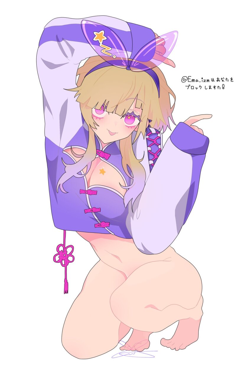 1girl arm_above_head artist_name blonde_hair bottomless bow_hairband breasts character_request chinese_knot cleavage cleavage_cutout clothing_cutout commentary convenient_leg copyright_request cropped_shirt ema_izm full_body gradient_hair hairband highres kneehighs kneeling looking_at_viewer multicolored_hair navel purple_eyes purple_hairband purple_shirt shirt signature simple_background socks solo symbol-only_commentary translation_request white_background
