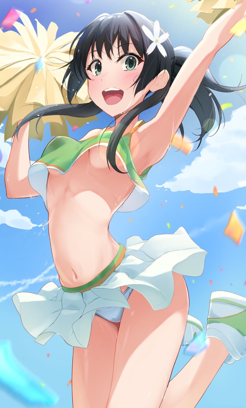 1girl :d black_hair blue_eyes blue_sky breasts cheering cheerleader cloud commentary_request commission confetti crop_top flower hair_flower hair_ornament highres holding holding_pom_poms jumping k3rd long_hair navel no_bra open_mouth panties pom_pom_(cheerleading) pom_poms ponytail saten_ruiko skeb_commission skirt sky small_breasts smile solo stomach teeth toaru_kagaku_no_railgun toaru_majutsu_no_index underboob underwear upper_teeth_only white_panties white_skirt