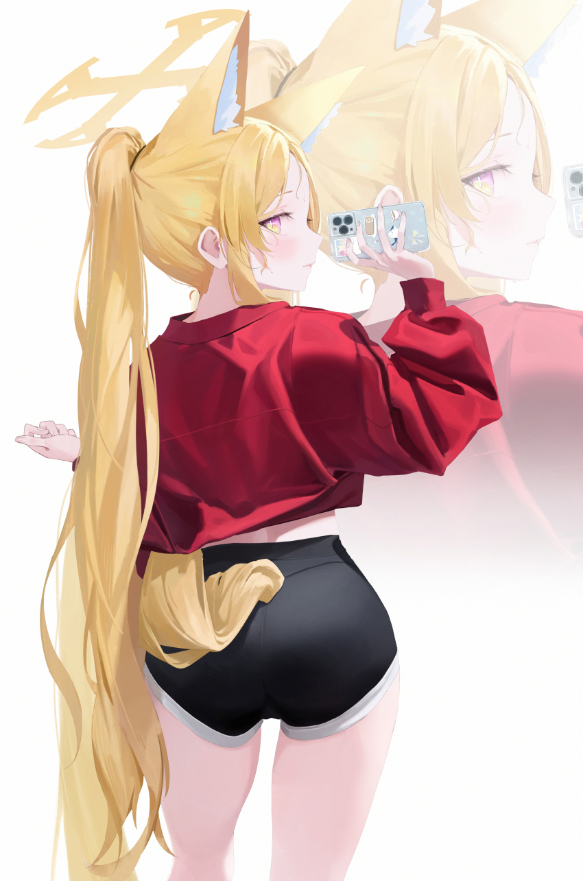 1girl absurdres alternate_costume alternate_hairstyle ass bbul_horn black_shorts blonde_hair blue_archive casual cellphone commentary cross_halo dolphin_shorts forehead from_behind gradient_eyes halo high_ponytail highres holding holding_phone long_hair long_sleeves looking_at_viewer multicolored_eyes orange_eyes parted_bangs phone ponytail profile red_shirt seia_(blue_archive) shirt shorts smartphone solo sweat tail thigh_gap thighs very_long_hair yellow_eyes yellow_halo zoom_layer
