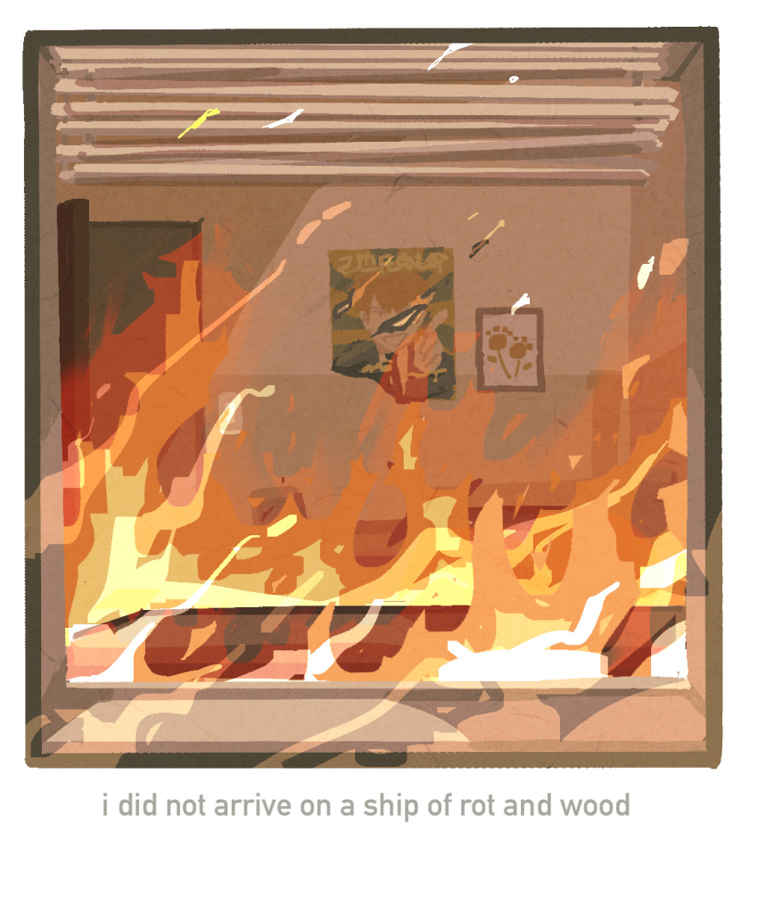 window_blinds burning commentary desk english_commentary english_text fire from_outside highres mob_psycho_100 mp100days no_humans office reigen_arataka window