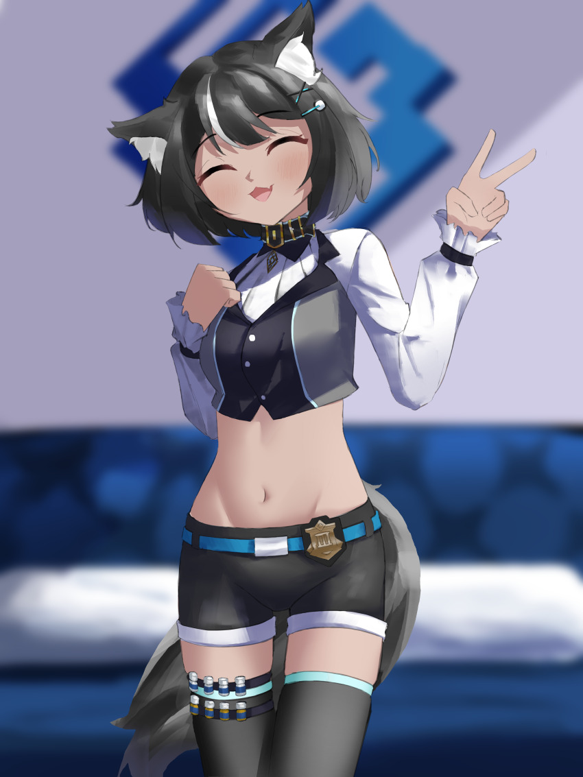 1girl animal_ears belly belt closed_eyes commission couch dog_ears dog_girl dog_tail fangsie_fido highres indoors knee_up knees_up looking_at_viewer magnifying_glass navel pants shorts solo standing table tail thighhighs thighs v variance_project virtual_youtuber