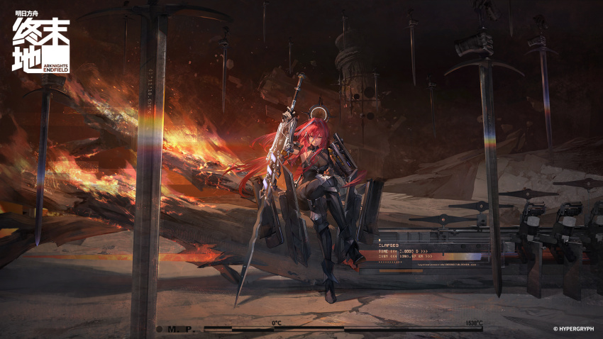 1girl arknights arknights:_endfield black_shoes blue_hair breasts chinese_commentary cleavage commentary_request copyright_logo copyright_name copyright_notice crossed_legs ember_(arknights) fire floating floating_hair floating_object floating_sword floating_weapon hair_between_eyes hair_intakes halo highres holding holding_sword holding_weapon logo long_hair looking_at_viewer multicolored_hair official_art orange_eyes parted_lips red_hair shoes sitting solo streaked_hair sword too_many_weapons very_long_hair weapon wide_shot zizizi_zibiren