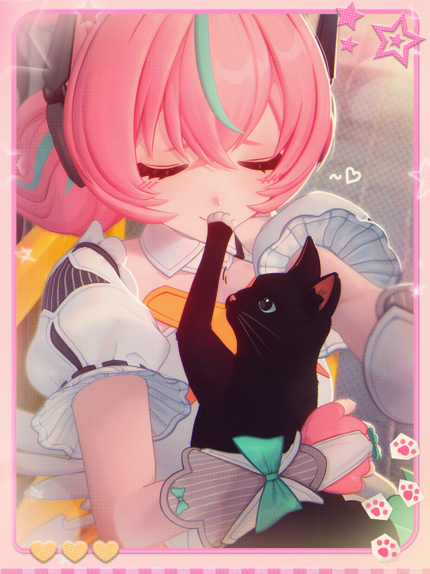 1girl 3d absurdres affectionate animal aqua_bow aqua_streaks bell_sleeves black_cat border bow cat closed_eyes closed_mouth commentary crossed_bangs detached_collar english_commentary fingerless_gloves furrowed_brow gloves heart highres inky_(zenless_zone_zero) light_blush motion_lines multicolored_hair official_art paw_print pink_gloves pink_hair pinstripe_pattern puffy_short_sleeves puffy_sleeves robot_ears rounded_corners screentones selfie short_eyebrows short_sleeves solo star_(symbol) streaked_hair two-tone_hair u_u wrist_bow yutane_johiel zenless_zone_zero
