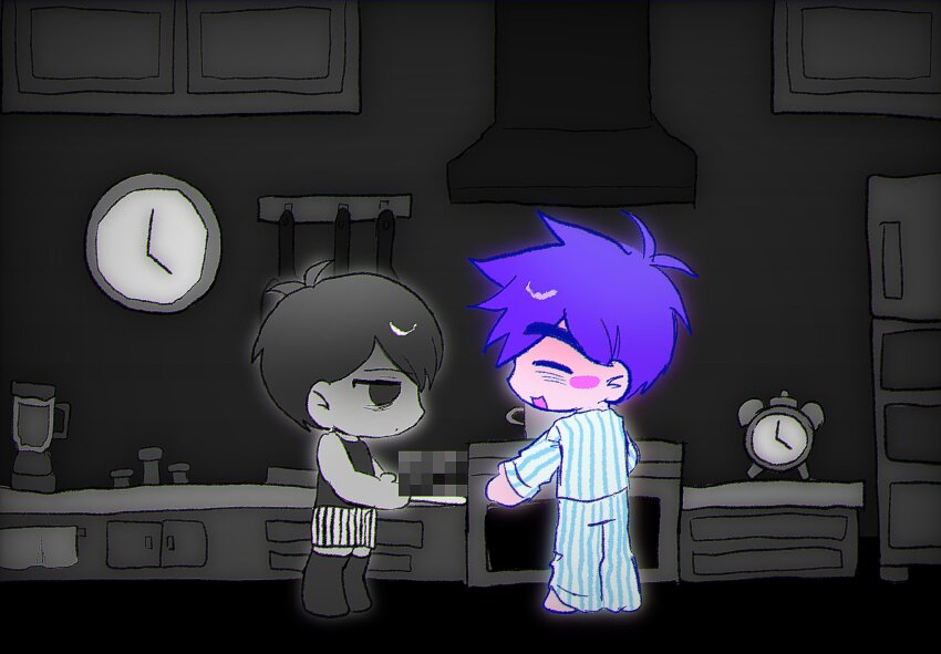 2boys alarm_clock analog_clock antenna_hair black_eyes black_hair black_shorts black_tank_top black_thighhighs blender_(object) blue_pajamas blue_pants censored chibi chibi_only clock closed_eyes closed_mouth colored_skin hero_(headspace)_(omori) hero_(omori) highres kitchen_hood lyuz_(justtoseemeplea) male_focus mosaic_censoring multiple_boys omori omori_(omori) open_mouth oven pajamas pants purple_hair refrigerator short_hair shorts striped_clothes striped_pajamas striped_pants striped_shorts tank_top thighhighs two-tone_pajamas two-tone_pants two-tone_shorts vertical-striped_clothes vertical-striped_pajamas vertical-striped_pants vertical-striped_shorts wall_clock white_pajamas white_pants white_shorts white_skin