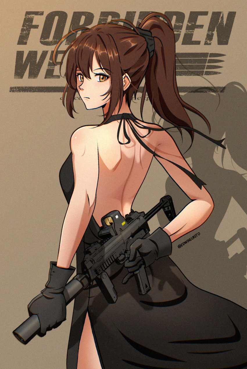 1girl artist_name back backless_outfit bare_shoulders black_dress black_gloves black_ribbon brown_background brown_eyes brown_hair check_weapon closed_mouth commentary dress english_commentary english_text from_behind gloves gun h&amp;k_mp7 hair_between_eyes high_ponytail highres holding holding_gun holding_weapon jazzer_edwin long_hair looking_at_viewer looking_back original ponytail ribbon shadow side_slit sleeveless sleeveless_dress solo submachine_gun suppressor weapon weapon_request