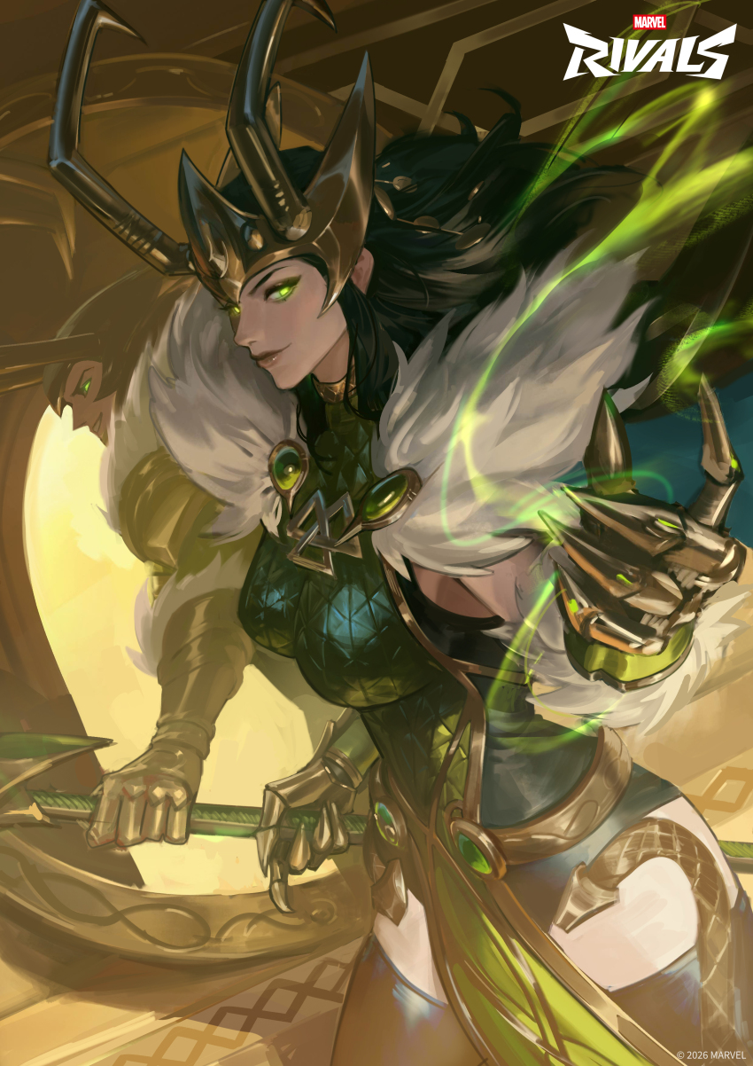 1boy 1girl absurdres black_hair cape commentary dual_persona english_commentary fake_horns fur-trimmed_cape fur_trim gauntlets gold_gauntlets green_cape green_eyes helmet highres horned_headwear horned_helmet horns lady_loki leotard loki_(marvel) marvel marvel_rivals official_art pelvic_curtain raikoart second-party_source smile thighhighs thighs thor_(marvel)_(series)