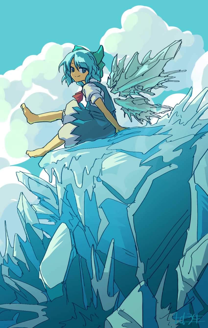1girl aqua_bow bare_arms bare_legs barefoot blue_dress blue_eyes blue_hair blue_sky blue_wings bow bowtie cirno cliff closed_mouth cloud collared_shirt commentary day detached_wings doggo_1d34 dot_nose dress from_side full_body hair_bow hand_on_ground highres ice ice_wings icicle looking_at_viewer outdoors pinafore_dress puffy_short_sleeves puffy_sleeves red_bow red_bowtie shirt short_dress short_hair short_sleeves sign sitting sky sleeveless sleeveless_dress smile solo tan toes touhou white_shirt wings