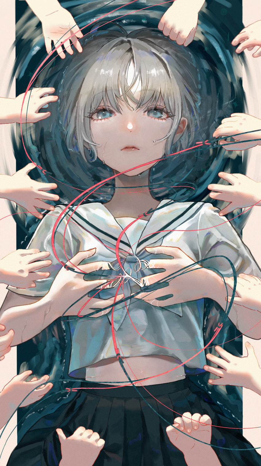 1girl absurdres afloat black_skirt blue_eyes chihiro_(chihiro_art79) child closed_mouth commentary_request grey_hair highres lips looking_at_viewer neckerchief original outside_border pillarboxed pleated_skirt ripples sailor_collar school_uniform serafuku short_sleeves skirt solo_focus string unraveling water white_neckerchief white_sailor_collar