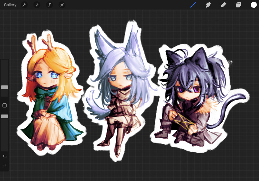 1boy 2girls :/ alternate_costume animal_ears antlers armor art_program_in_frame black_hair black_robe black_tunic blonde_hair blue_cloak blue_eyes cassie_(shadow_slave) cat_ears cat_tail chibi chibi_only cloak crossed_arms crossed_bangs crossed_legs dog_ears dog_tail dress full_body fur_collar grey_eyes hair_between_eyes highres holding holding_string hood hood_down horns kemonomimi_mode knee_up long_hair long_sidelocks multiple_girls nephis_(shadow_slave) purple_eyes robe screencap shadow_slave sidelocks sitting smile string sunny_(shadow_slave) tail tunic unamused weaving white_hair xiezmy2 yellow_dress