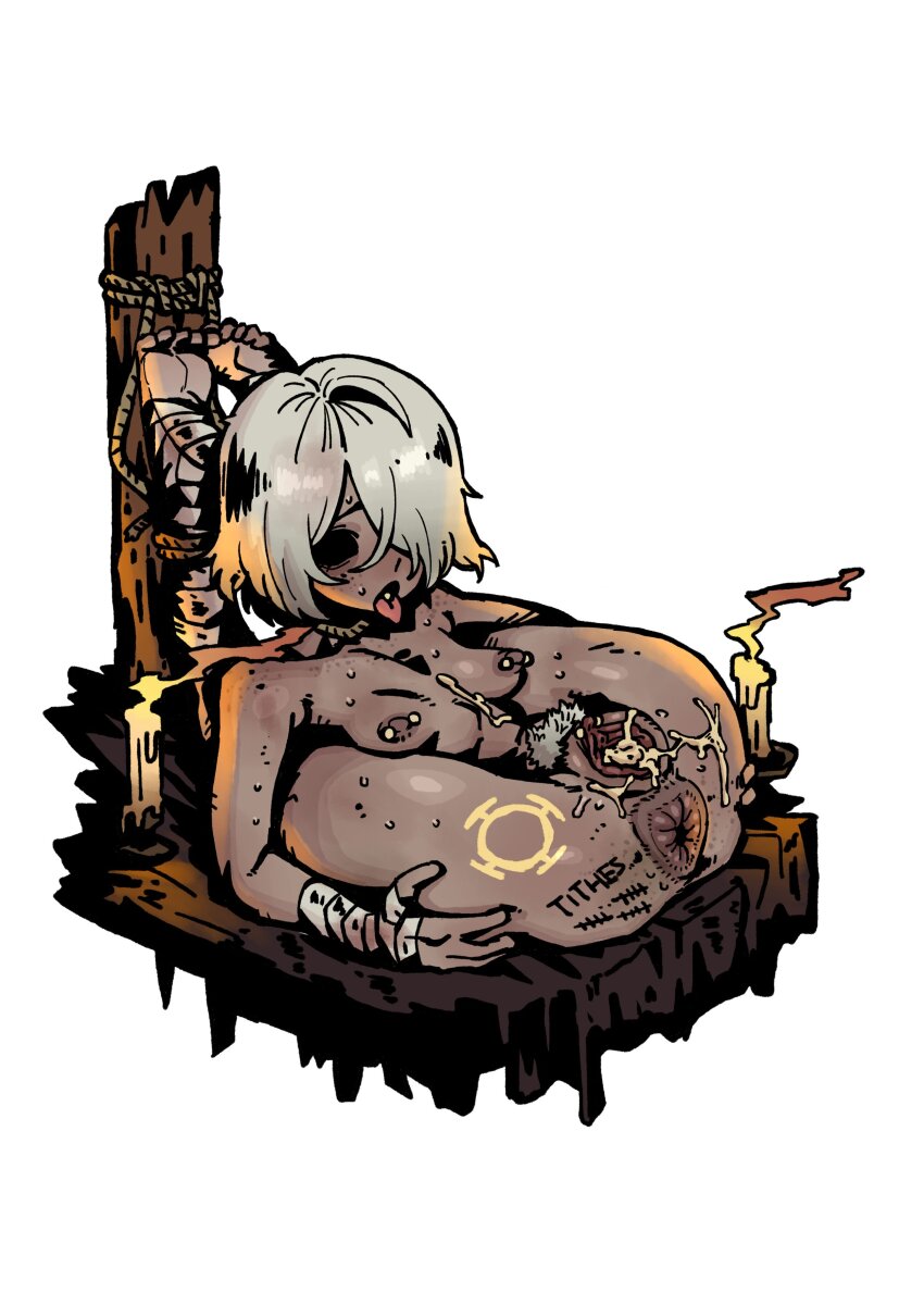 1girl absurdres anus bodysuit breasts candle completely_nude cum cum_in_pussy cumdrip cumdump dark-skinned_female dark_skin darkest_dungeon ebonyxh eylin_eyla_(ebonyxh) folded highres hollow_eyes lying nipple_bar nipple_piercing nipples nude official_style on_back original piercing pussy restrained short_hair simple_background small_breasts solo tally tongue tongue_out uncensored white_background white_hair