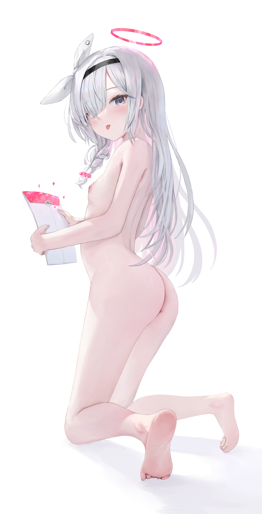 1girl :p absurdres ass barefoot black_hairband blue_archive blue_eyes blush braid completely_nude envelope eyes_visible_through_hair flat_chest from_behind hair_over_one_eye hair_ribbon hairband halo highres holding kneeling loli looking_at_viewer looking_back nipples nude plana_(blue_archive) ribbon sho_lab side_braid simple_background soles solo sparkle toenails tongue tongue_out white_background white_hair white_ribbon