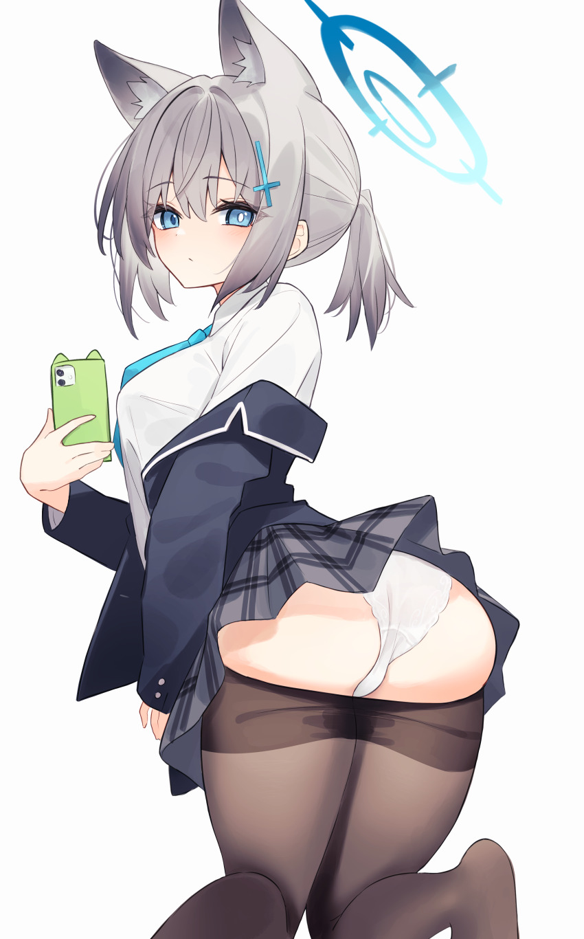 1girl absurdres animal_ear_fluff animal_ears ass blue_archive blue_eyes blue_necktie bright_pupils cellphone clothes_pull commentary_request diieru grey_hair highres holding holding_phone looking_at_viewer mirror_selfie mismatched_pupils necktie off_shoulder panties pantyhose pantyhose_pull phone pleated_skirt ponytail selfie shiroko_(blue_archive) shirt short_ponytail simple_background skirt smartphone solo taking_picture underwear white_background white_panties white_shirt wolf_ears