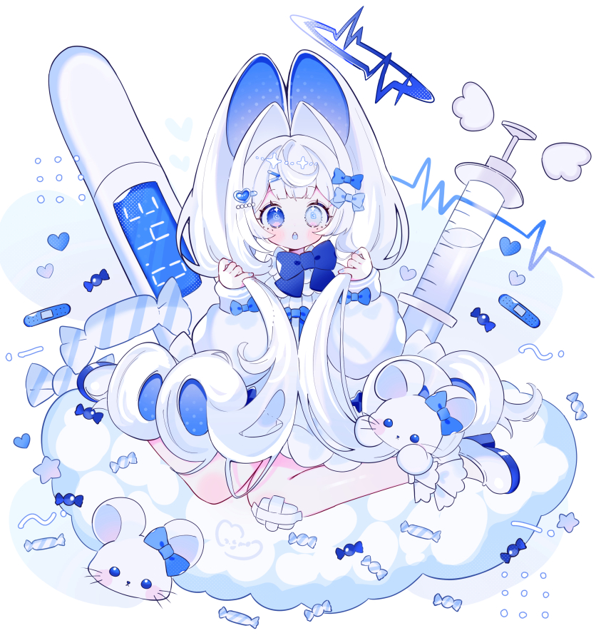 1girl :o absurdres animal_ears blue_bow blue_bowtie blue_eyes blue_halo blunt_bangs blush bow bowtie candy cloud commentary_request digital_thermometer dress food full_body hair_intakes halo heterochromia highres holding holding_own_hair koronothu long_hair long_sleeves looking_at_viewer mouse_(animal) mouse_ears mouse_girl open_mouth original shoes simple_background sitting sleeve_bow socks solo syringe thermometer wariza white_background white_dress white_hair white_shoes white_socks wrapped_candy