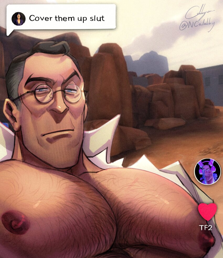 administrator_(tf2) animal_ears bara bare_pectorals black_hair blue_eyes cabbage_(ncalabby) canyon cheekbones chest_hair cover_them_up_slut_(meme) cowlick dialogue_box facial_hair fake_animal_ears game_screenshot_inset glasses grey_hair highres huge_pectorals lab_coat large_pectorals mature_male medic_(tf2) meme muscular muscular_male nipples parody pectoral_focus pectorals puffy_male_chest rabbit_ears round_eyewear screenshot_background signature stubble team_fortress_2 torn_clothes torn_coat user_interface