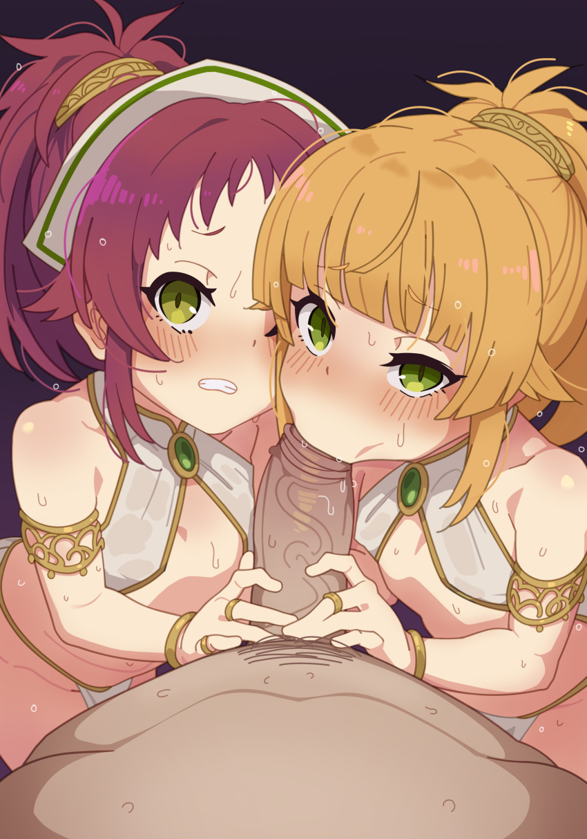 1boy 2girls absurdres age_difference aisha_greyrat armlet bad_tag belly_dancer blonde_hair blush bracelet dawapat erection fellatio ffm_threesome green_eyes group_sex hairband handjob harem_outfit hetero highres jewelry loincloth loli long_hair looking_at_viewer multiple_girls mushoku_tensei norn_greyrat oral penis ponytail pov pubic_hair red_hair ring siblings sisters sweat teamwork threesome wet wet_clothes