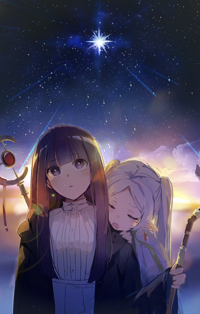 2girls black_coat black_robe blunt_bangs bonnodori1 breasts capelet closed_mouth cloud coat commentary_request dawn dress earrings elf fern_(sousou_no_frieren) frieren grey_hair highres holding holding_staff jewelry long_hair long_sleeves mage_staff multiple_girls night parted_bangs pointy_ears purple_eyes purple_hair purple_pupils robe sky sousou_no_frieren staff star_(sky) straight_hair teardrop_earrings twintails white_capelet white_dress