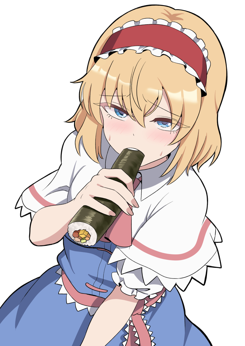 1girl absurdres alice_margatroid ascot blonde_hair blue_dress blue_eyes blush capelet commentary_request dress eating ehoumaki food frilled_hairband frills hairband highres holding holding_food kiyo_(tomoki6107) lolita_hairband makizushi pink_ascot pink_nails pink_sash red_hairband sash sexually_suggestive simple_background solo sushi sweat touhou waist_sash white_background white_capelet