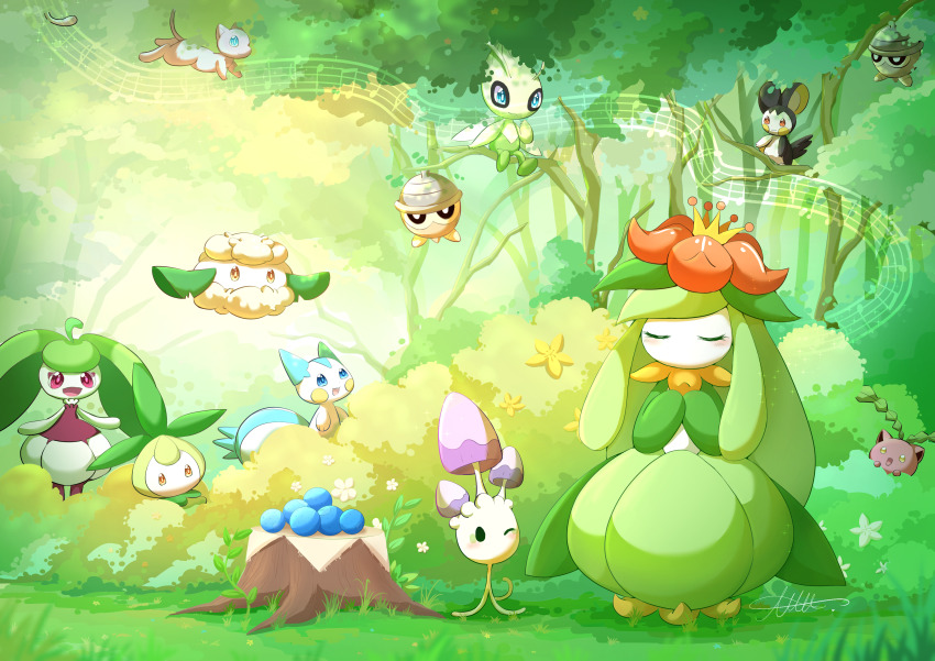 :d absurdres aqua_eyes berry blush bright_pupils bush celebi closed_eyes closed_mouth commentary_request cottonee day emolga facing_viewer gen_1_pokemon gen_2_pokemon gen_3_pokemon gen_4_pokemon gen_5_pokemon gen_7_pokemon grass hands_up highres hoppip in_tree legendary_pokemon lilligant mew_(pokemon) morelull moxa_ryu music musical_note musical_staff mythical_pokemon nintendo no_humans one_eye_closed open_mouth outdoors pachirisu peeking_out petilil pokemon pokemon_(creature) seedot signature singing smile standing steenee tree tree_stump yellow_eyes