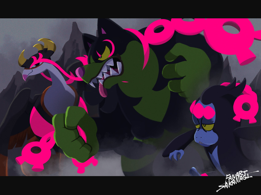 1boy 1other absurdres animal_nose ape bad_tag bird black_feathers black_fur blue_skin brown_feathers clenched_hand colored_sclera colored_skin commentary_request feathers fezandipiti fog furry furry_male green_fur grey_sky half-closed_eyes headband highres letterboxed long_eyelashes looking_at_viewer multicolored_feathers munkidori nintendo okidogi open_mouth pokemon pokemon_(creature) pokemon_focus pokemon_sv sakanagi_(a_r_co) scarf sharp_teeth sky smile teeth tongue tongue_out two-tone_fur yellow_eyes yellow_sclera