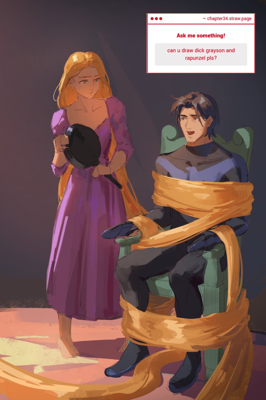 1boy 1girl absurdly_long_hair absurdres artist_request blonde_hair chapter_34 crossover dc_comics dick_grayson disney_princess dress hair_bondage highres long_hair nightwing pink_dress rapunzel_(disney) superhero_costume tangled very_long_hair